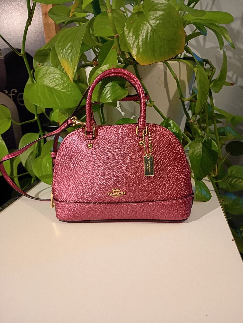 Coach Metallic Berry Pebbled Leather Dome Satchel with Gold Hardware